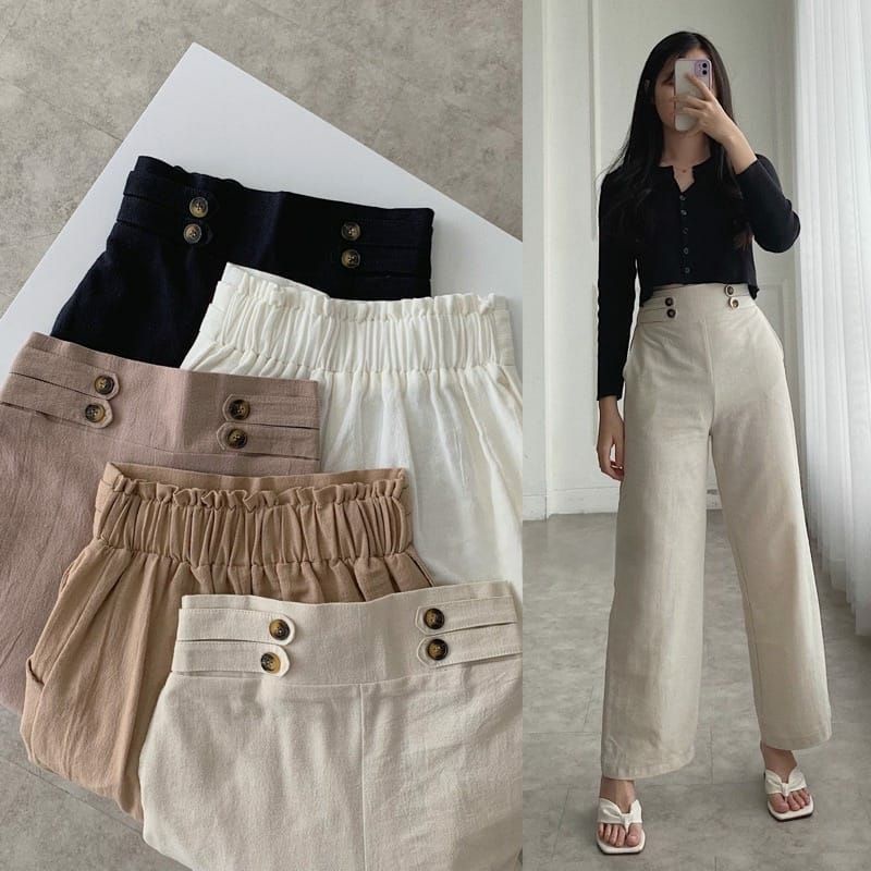 1KG MUAT 4PCS | DOUBLE BUTTON KULOT LINEN RAMI INDY PANTS HITS OOTD SELEBGRAM FASHION TERBEST SELLER