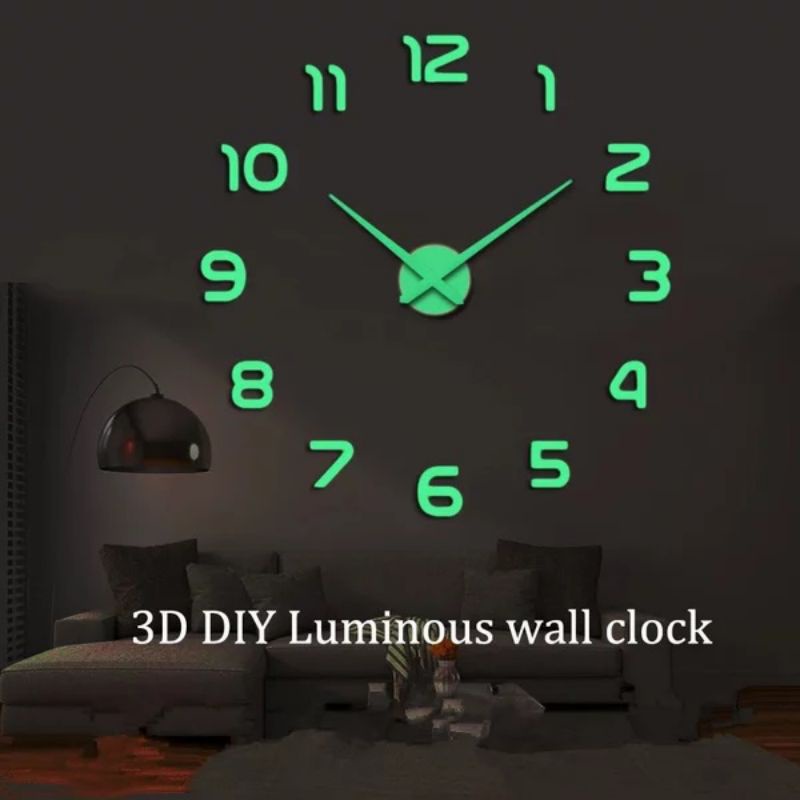 Jam Dinding Glow In The Dark Stiker Tempel DIY Analog 3D Giant Modern Clock