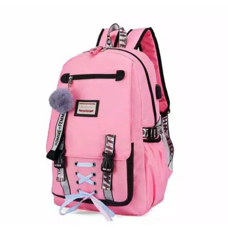 Tas Ransel Remaja Sekolah Pita tengah Laki laki perempuan sd,smp,sma kekinian-Pink