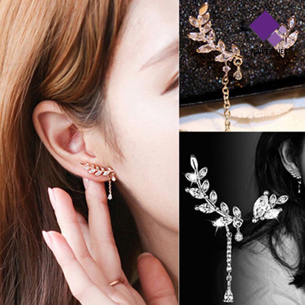 Anting Stud Rumbai Bentuk Daun Asimetris Anti Karat Untuk Wanita