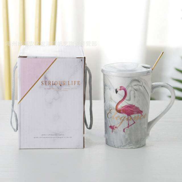 ( GARANSI PECAH )Gelas ceramic marble motif flamingo tebal sudah termasuk gelas, tutup gelas dan sen