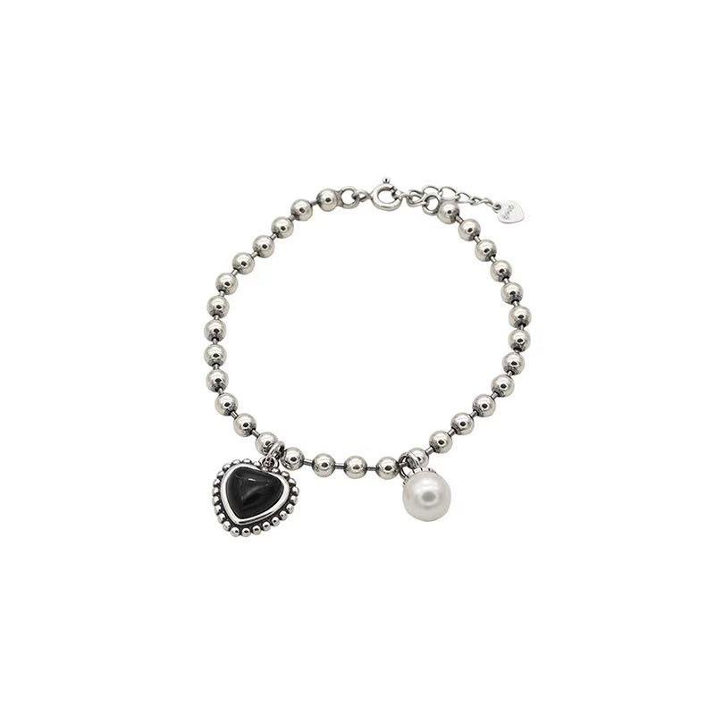 Black Love heart Pearl Titanium Steel Bracelet Fashion Beads Bracelet For Women