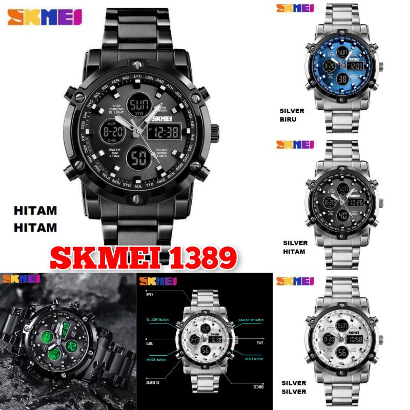 skmei 1389 dual time jam tangan pria rantai sport full stainless steel tahan air digital analog   ja