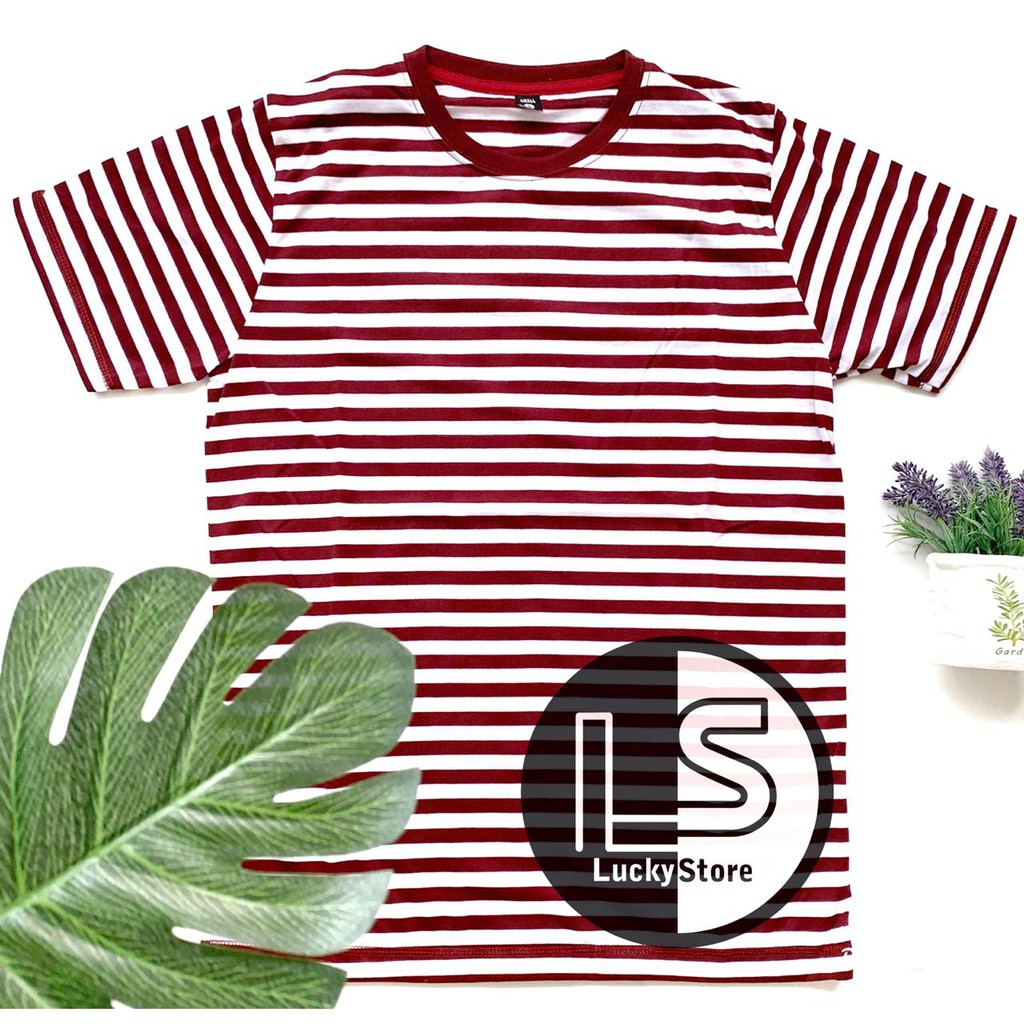  Kaos  Stripe Maroon Putih  Tangan Pendek Shopee  Indonesia