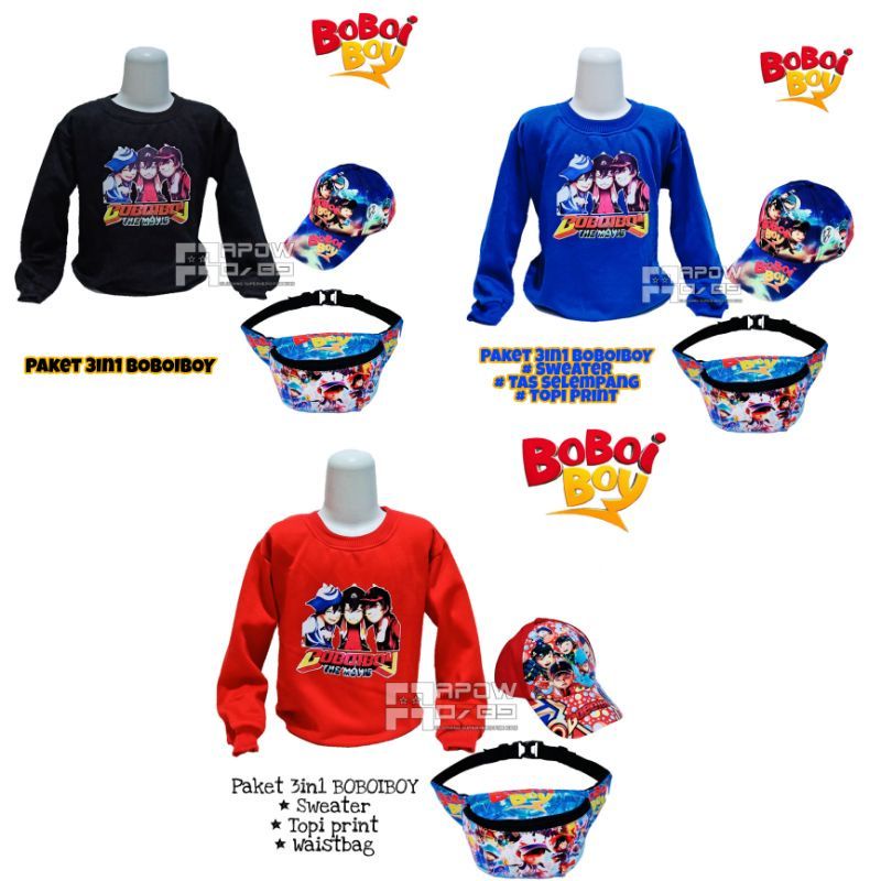 Paket 3in1 sweater Anak Boboiboy | free waistbag anak + topi Boboiboy