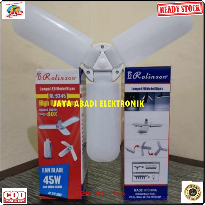 G490 ORIGINAL LAMPU LED KIPAS BOHLAM LAMP 45 watt wat PUTIH WHITE CAHAYA SUPER TERANG FAN BULB G490  SUPER AWET  SUPER TERANG  Spesifikasi : Tipe : Fan Blade LED Bulh Watt : 45 watt Fitting : E27 Fungsi : AC Voltase : 170-265V / 50Hz Fluks Cahaya : 3000 L