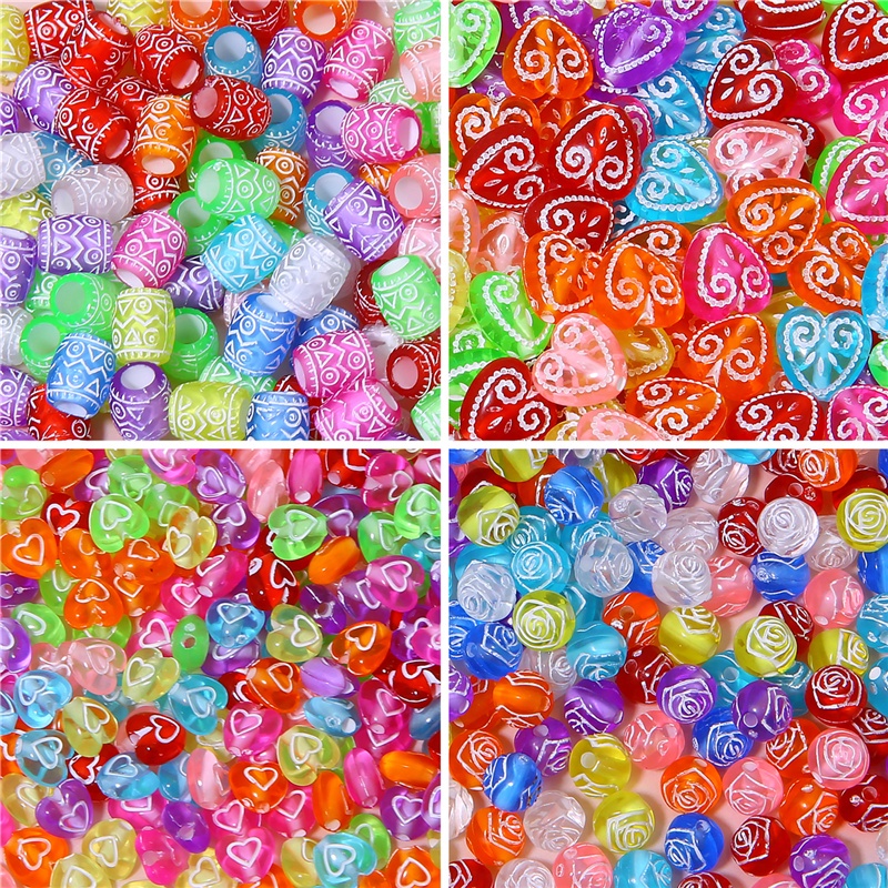 60-30 Pcs 7-11 Mm Antik Ukiran Bunga Pola Warna Campuran Akrilik Bunga Hati Manik-manik Longgar untuk Kalung Gelang DIY Membuat Perhiasan