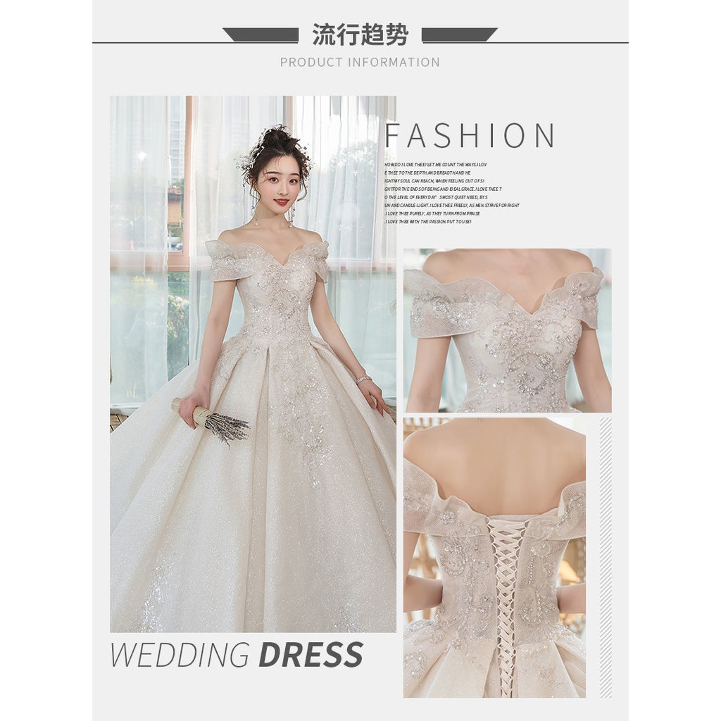 Putih Sabrina Gaun Pengantin Wanita White Long Tail Bridal Wedding Dress Bright Sequin Lace Beaded Wedding Gown Gaun Pengantin Wanita Ekor Panjang