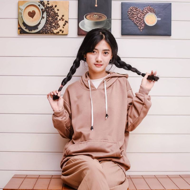 Jaket Sweater Hoodie Wanita Oversize Outerwear Pakaian Sweatshirt Korean Style Hudie Cewek NATURAL-2