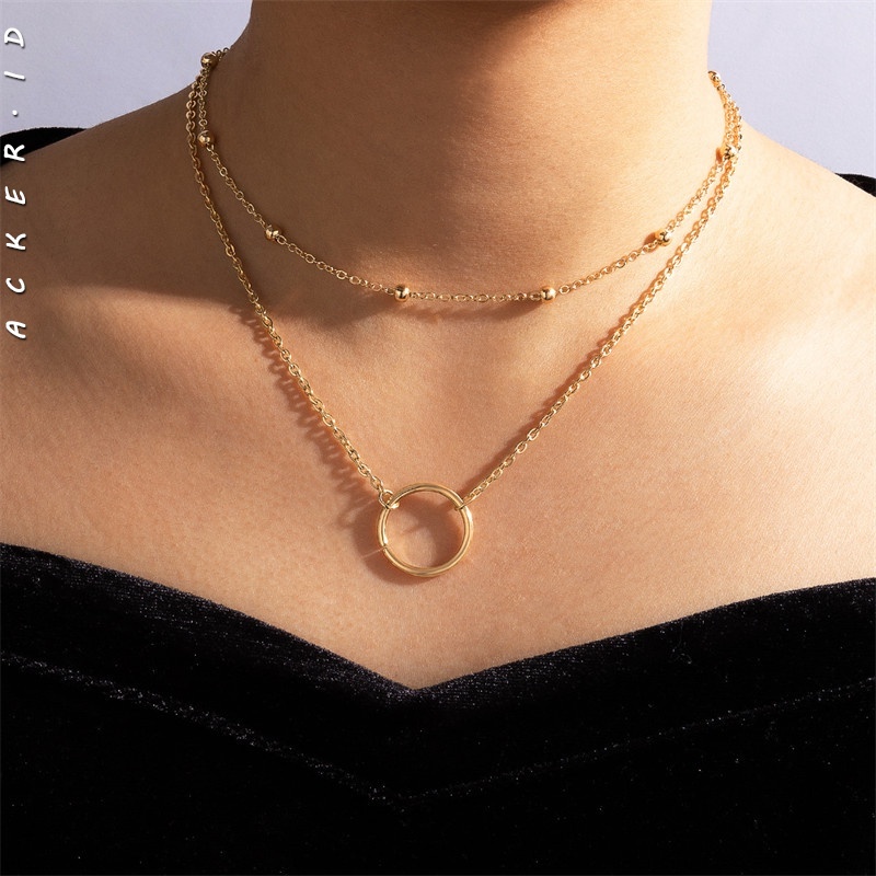 Set Kalung Rantai Pendek Multilayer Dengan Liontin Lingkaran Bintang Untuk Wanita