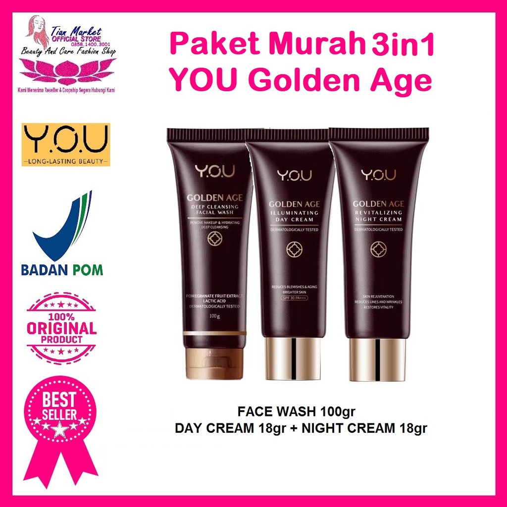 Paket Facial Wash Day Night Cream Wajah 3in1 YOU Make Up Golden Age Series 18gr Ori BPOM
