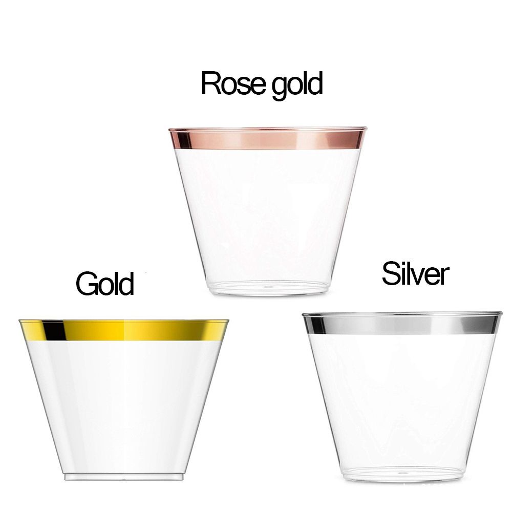 Disposable Plastic Cups Rose Gold Rimmed Transparent Cups Tableware for Wedding Birthday Party Cups