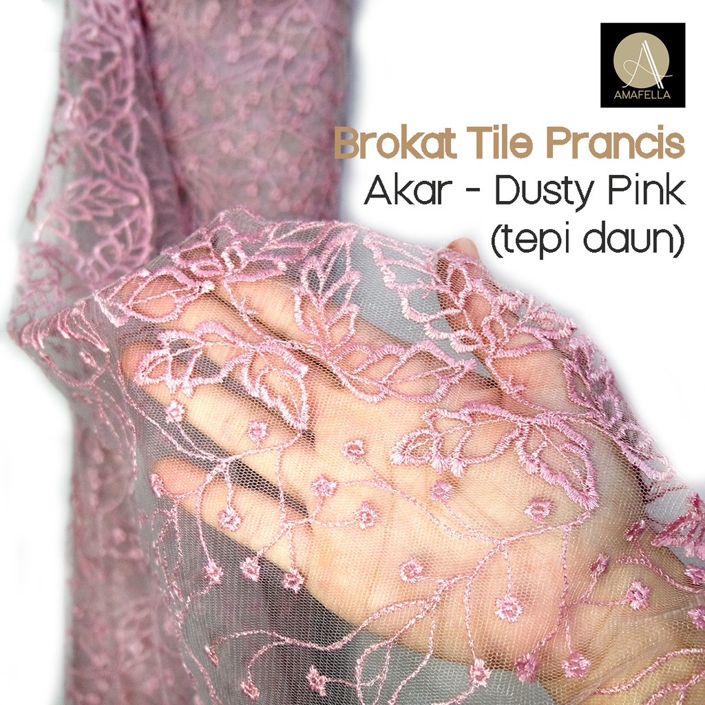 1/2 meter Kain Brokat Tile Prancis Bahan Kebaya Motif Akar Dusty Pink