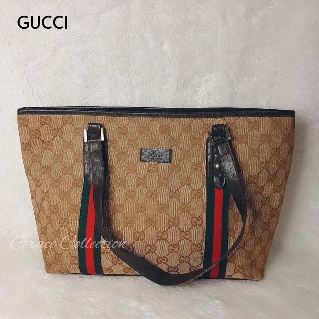 TAS WANITA BRANDED ORIGINAL - GC SHERRY LINE CANVAS TOTE BAG BROWN