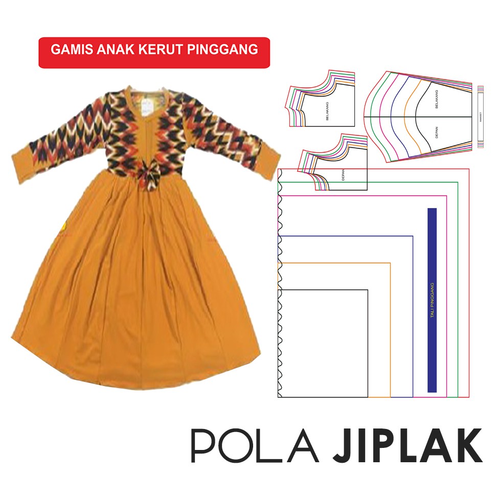 Pola Jiplak Gamis Anak Kerut Pinggang Usia 2-12 Tahun