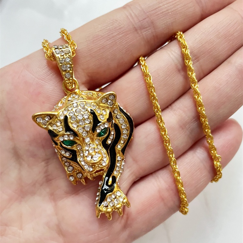 Kalung Liontin Motif Print Leopard Aksen Zircon Gaya Punk Hip-Hop Klasik Untuk Pria