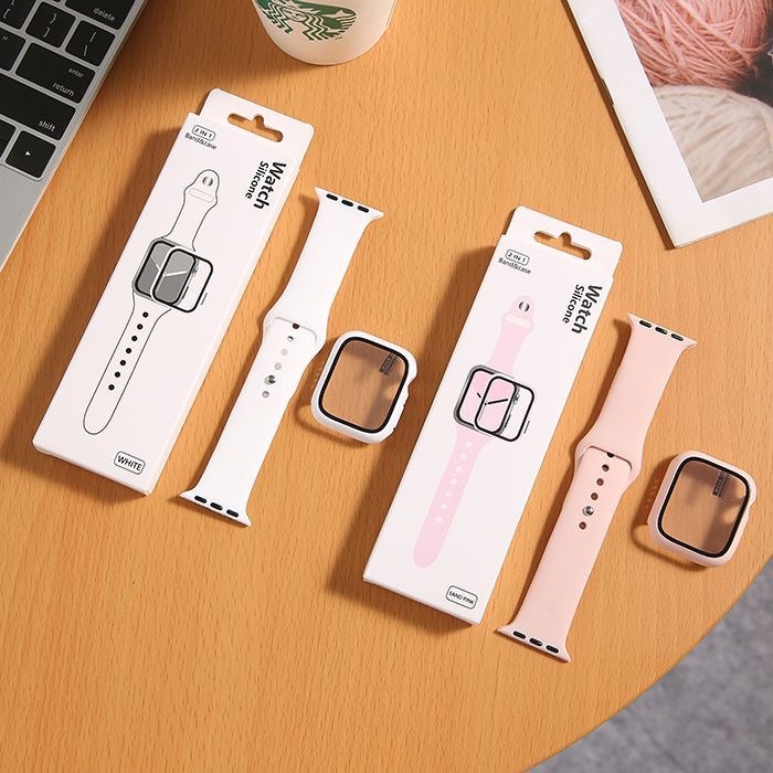 ( TANPA JAM ) &quot; FULLSET 2 IN 1 &quot; TALI STRAP APPLE WATCH BASIC + TEMPERED GLASS CASE COVER - SERI 1 2 3 4 5 6 7 8 SE ULTRA | SIZE 38mm 40mm 41mm 42mm 44mm 45mm 49mm | sport band iwatch full color rubber silicone