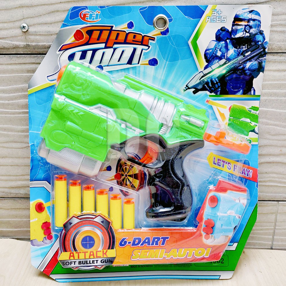 Super Shoot 6 Dart Semi Auto Mainan Blaster Gun Nerf Dart Tembak Peluru Gabus