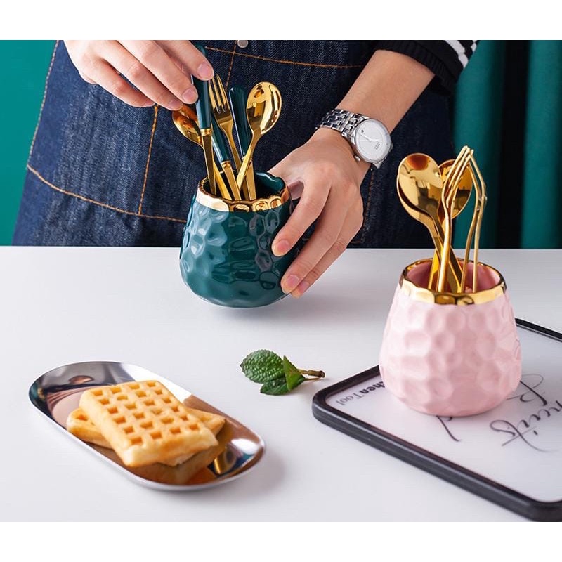 Jar Mug Keramik Tempat Sendok Teh Garpu Kue Set