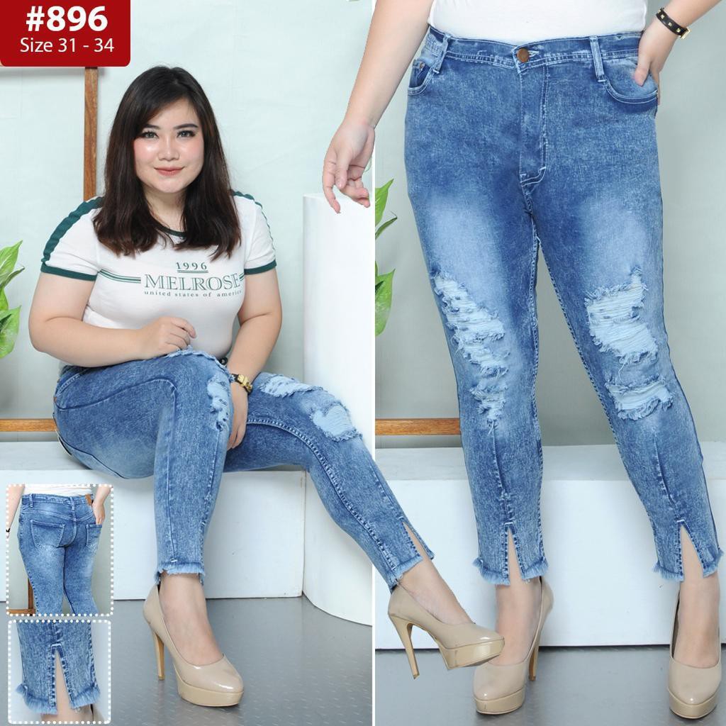 Celana Jeans Wanita Pensil 7/9 Sobek Slit Depan 31-34 35-38 Bisa Bayar Ditempat(COD)