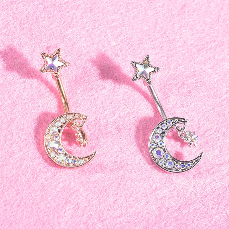 Anting Tindik Perut / Pusar Model Bulan + Bintang Dengan Kristal Untuk Wanita