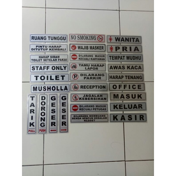 

Acrylic plat sign label tarik, dorong, geser, musholla, toilet, masuk, keluar, kasir dll