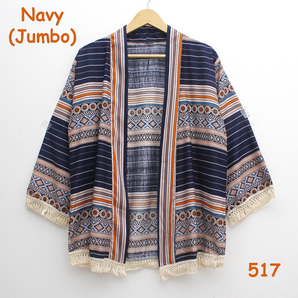 𝑱𝒂𝒌𝒂𝒓𝒕𝒂𝑭𝒂𝒔𝒉𝒊𝒐𝒏 cardigan outer batik tribal katun adem rumbai sisir keliling bohemian etnik boho styleO-517 Navy (JUMBO)