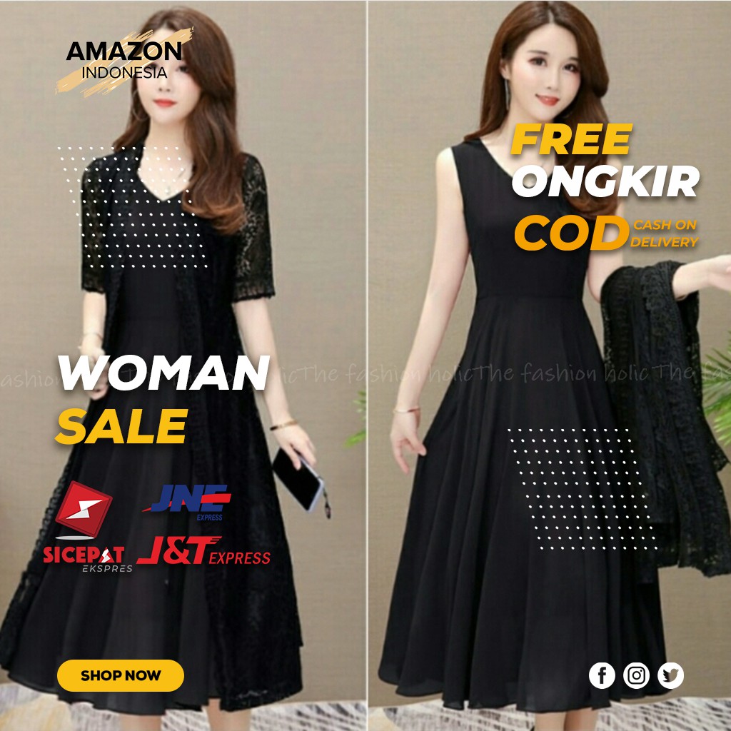 PAKAIAN WANITA SETELAN DRESS KOMBI LONG CARDY WARNA BLACK BAHAN MOSSCREPE CARDY BRUKAT BAGUS MURAH