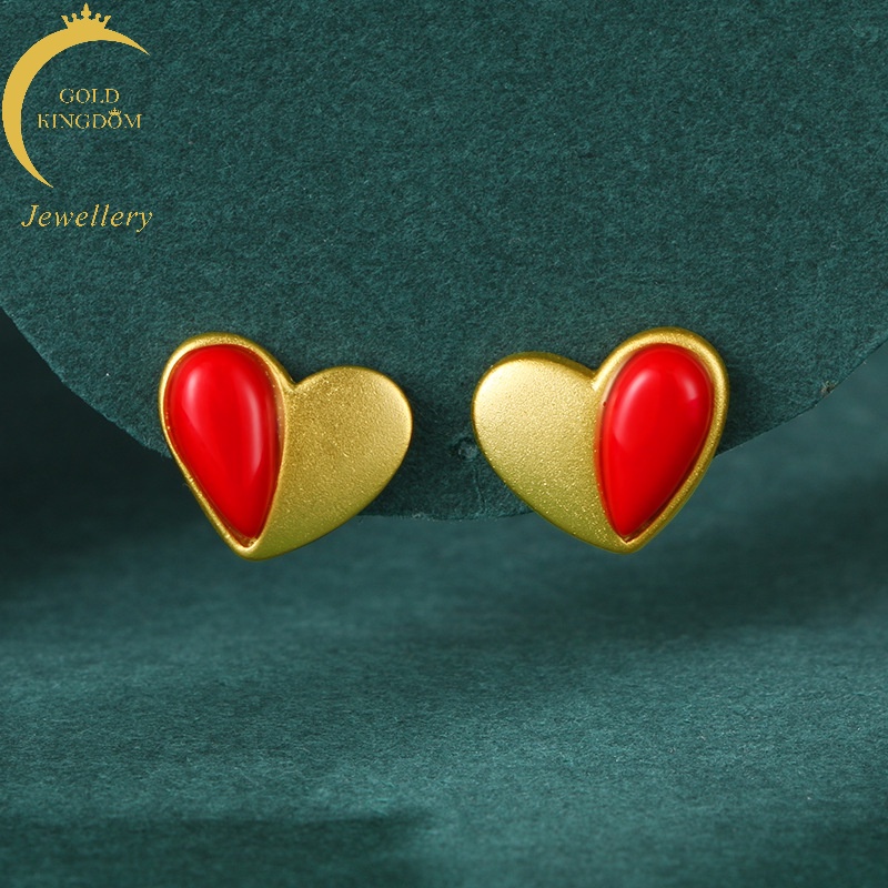 Anting Stud Emas Emas Asli Kadar 375Desain Hati Merah Coral Untuk Wanita