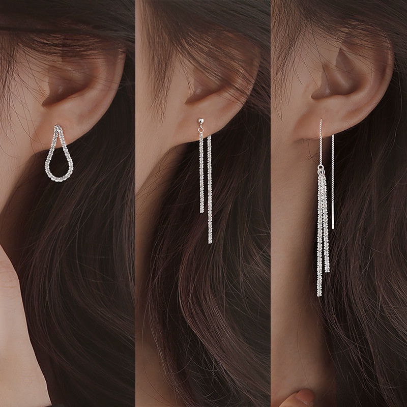 Anting Rantai Rumbai Panjang Desain Starry Sand Glitter Naked Tipe 2 Gaya Korea Untuk Wanita