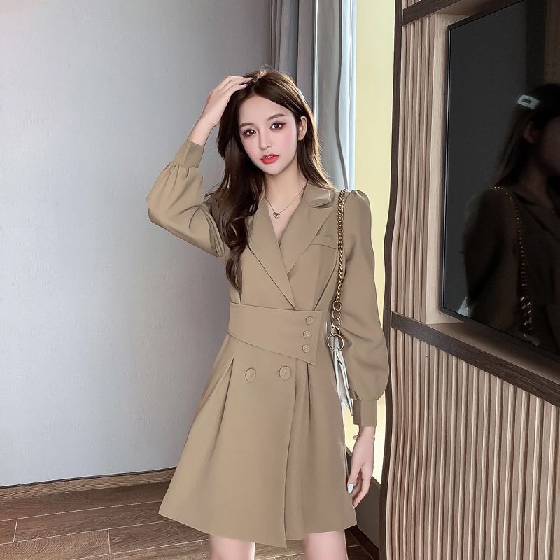 Suit collar long sleeve dress women's 2021 spring and autumn new small Korean design sense windbreak