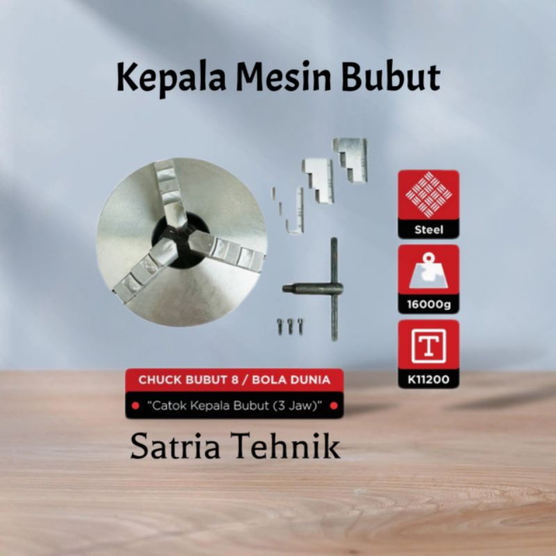 Bola Dunia Claw Bubut 8 inchi Kaki 3 - Chuck Bubut K11 - Kepala Mesin Bubut