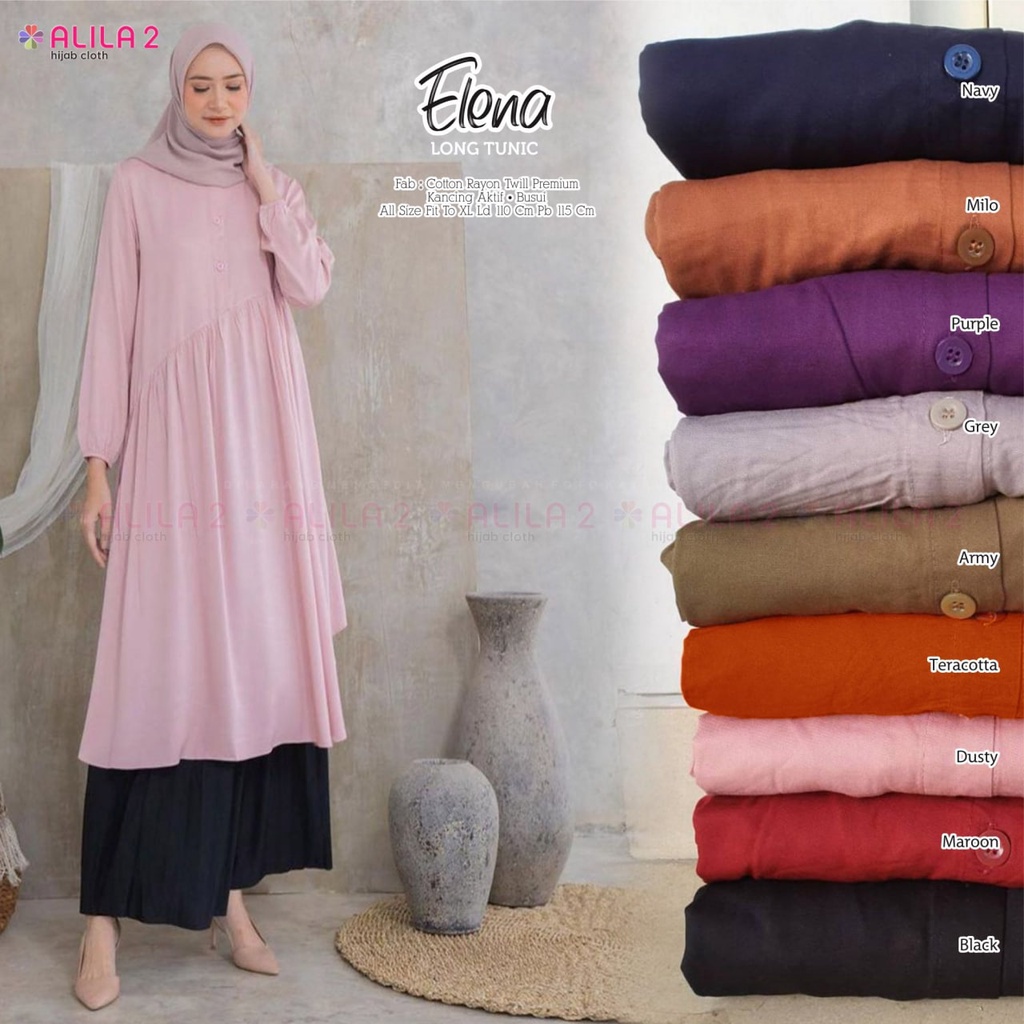 ELENA LONG TUNIC TOP ATASAN BAJU KEMEJA TUNIK PANJANG MUSLIM CASUAL POLOS BAHAN CATTON RAYON TWILL P