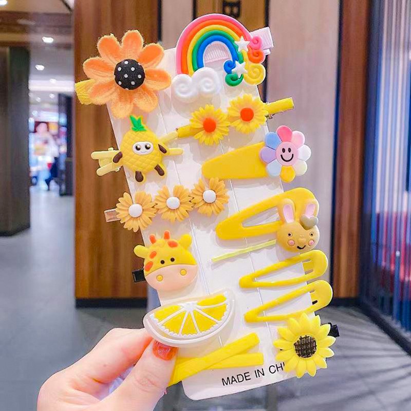 [14Pcs/Set Little Girls Korean INS Style Small Cute Baby Animal Flower Rainbow Decoration Bangs Clip Sets ] [Girls Sweet Style Hairpin Cartoons Hairpin] [Kids Daily Fashion BB Barrettes]