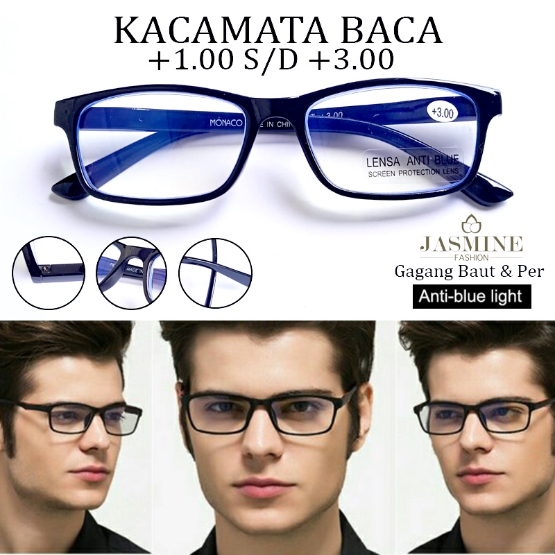 Kacamata Baca PLUS (+) Lensa Anti Radiasi Ukuran 1.00 sampai 3.00 Frame Hitam Gagang Baut Dan Per