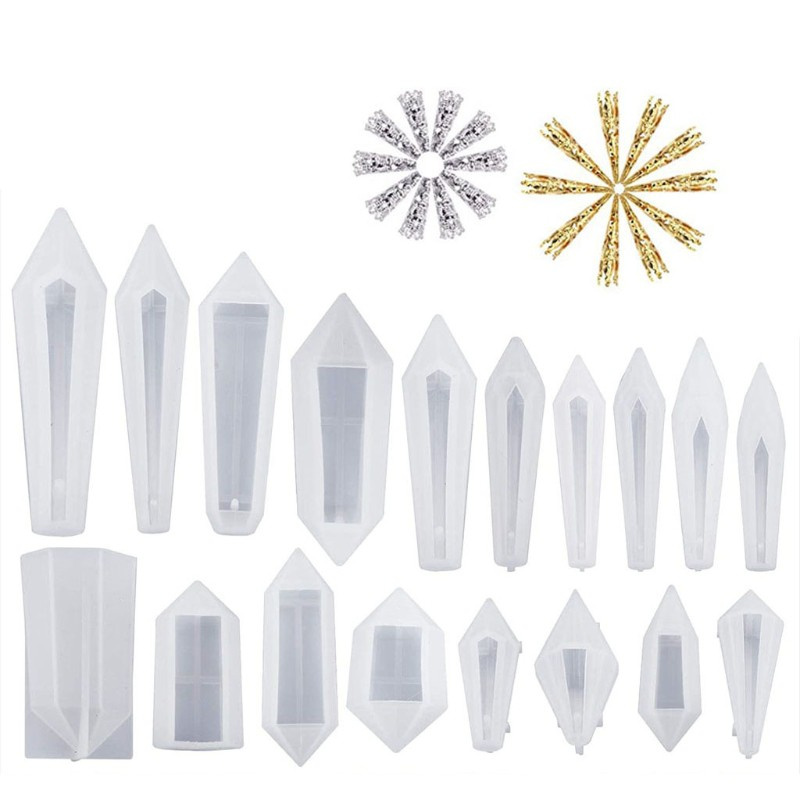 Glitter 18Pcs Resin Pendulum Molds Silicone Quartz Crystal Molds with 20cs Metal Bead Caps Epoxy UV Resin Molds Jewelry Tools