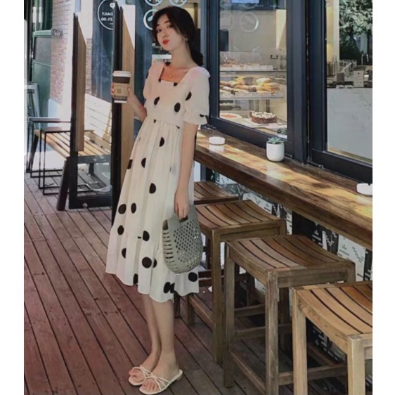 HOPYLOVY - Midi Dress Casual Wanita Motif Polka Import