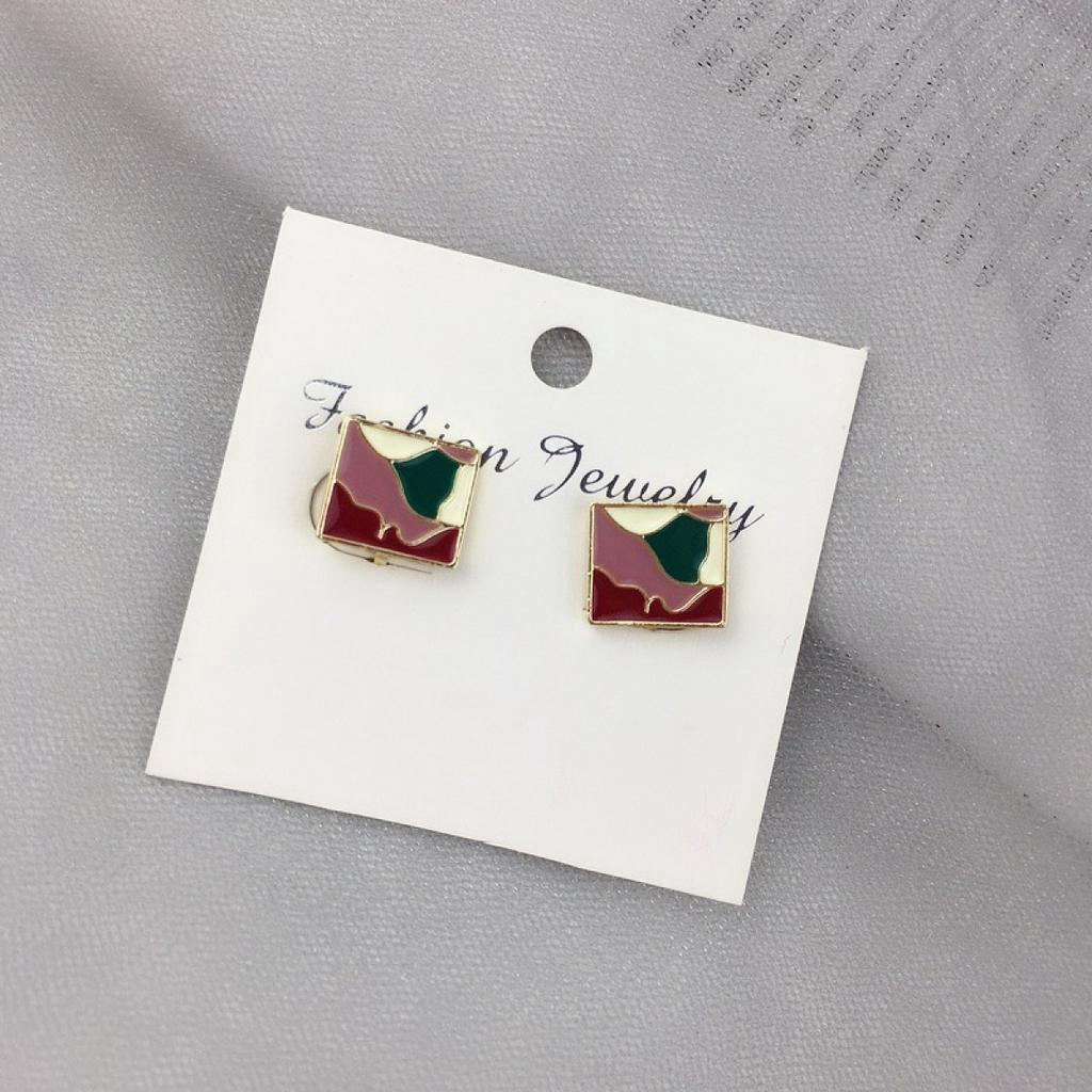 Anting Klip Enamel Bentuk Kotak Geometris Warna-Warni Untuk Wanita