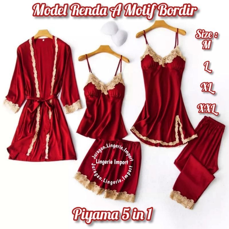 Setelan 5 IN 1 BORDIR - Kimono Bride Lingerie Satin set Baju tidur wanita dewasa