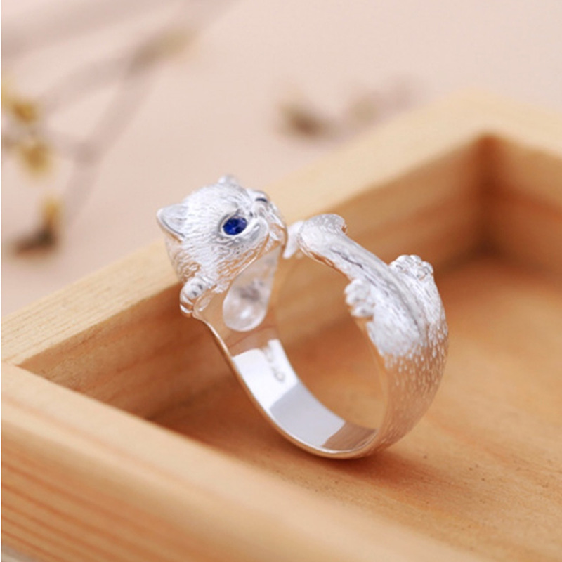 Cincin Model Terbuka Adjustable Desain Kucing Untuk Wanita