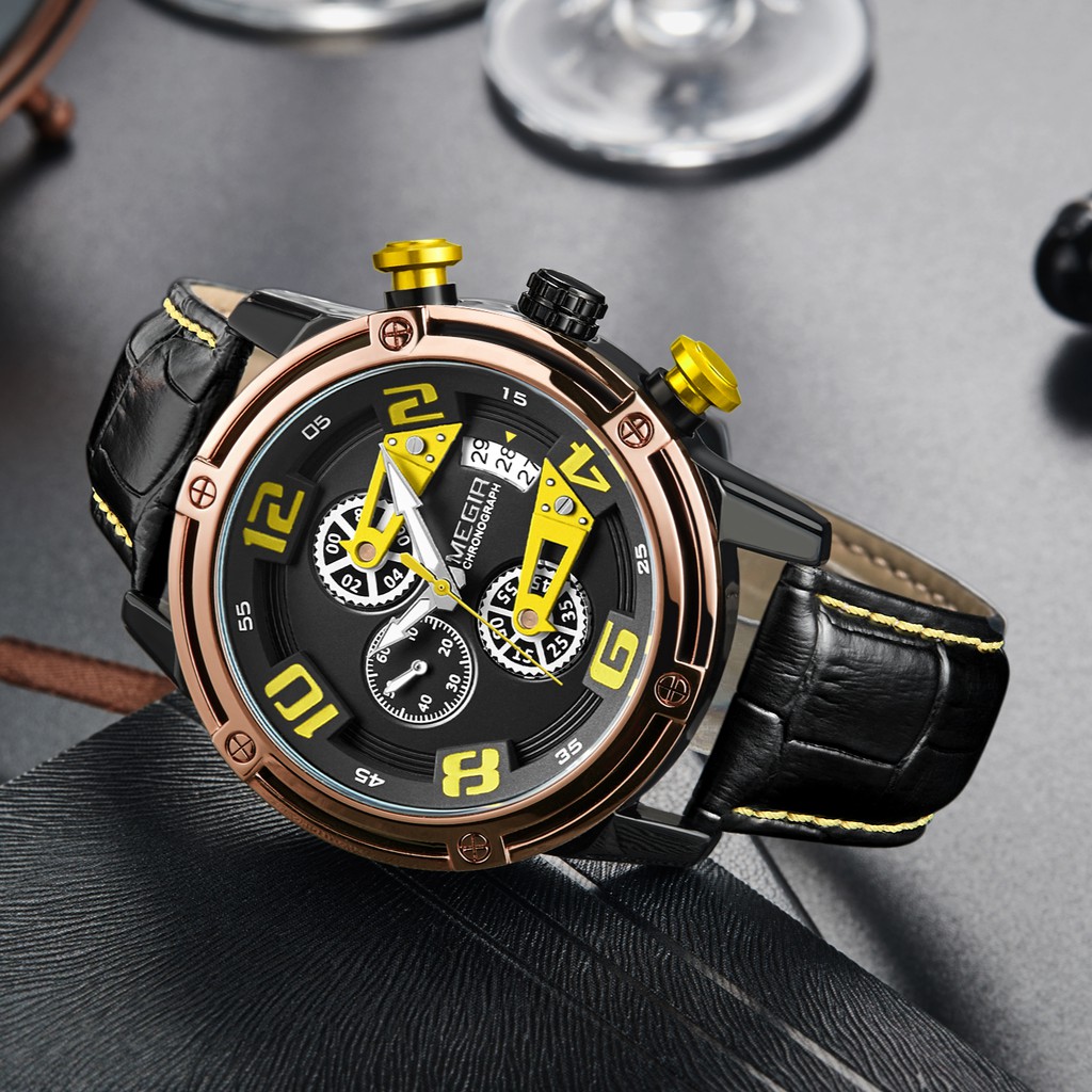 MEGIR 2078 Jam Tangan Pria Analog Chronograph Tali Kulit WATCHKITE WKOS