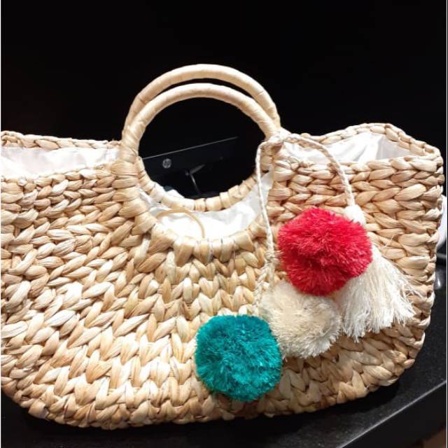 Tas encenggondok kiso besar kombinasi pompom warna natural