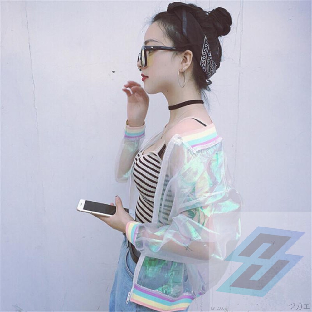Jaket Korea Jepang Wanita Hologram transparan Glow Pelangi Lolita