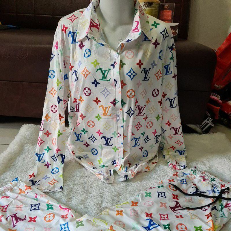 Setelan wanita import kemeja celana panjang motif lv bahan premium