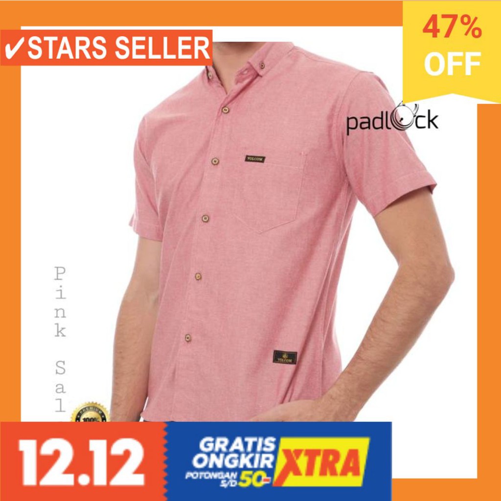 BAJU BUAT KERJA KULIAH SEKOLAH NGANTOR CASUAL FLECE / KEMEJA PENDEK PRIA PADLOCK WARNA PINK SALEM