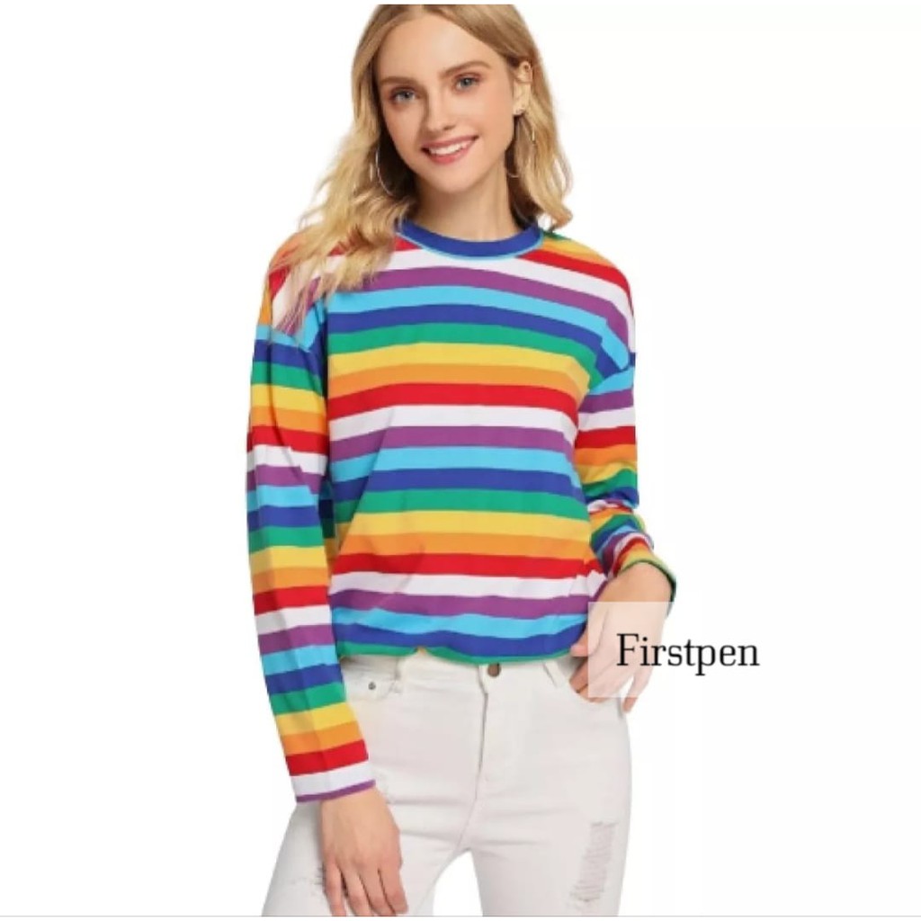 Kaos Salur Garis Stripe Wanita Lengan Panjang Motif Rainbow Pelangi