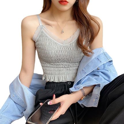 DODORY BRA518 Tanktop V-Neck Crop Renda Crinkle Dengan Busa Bra Tanpa Kawat Singlet Casual OOTD