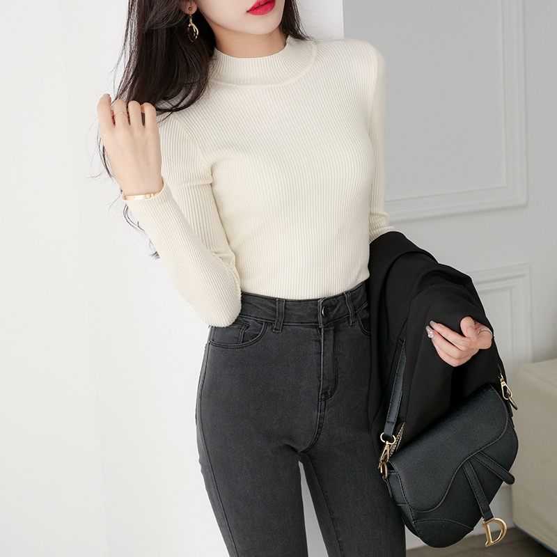 【Elegant】Women Bodycon Half-Collar Long Sleeve Pullovers  Knitted Tops 7446