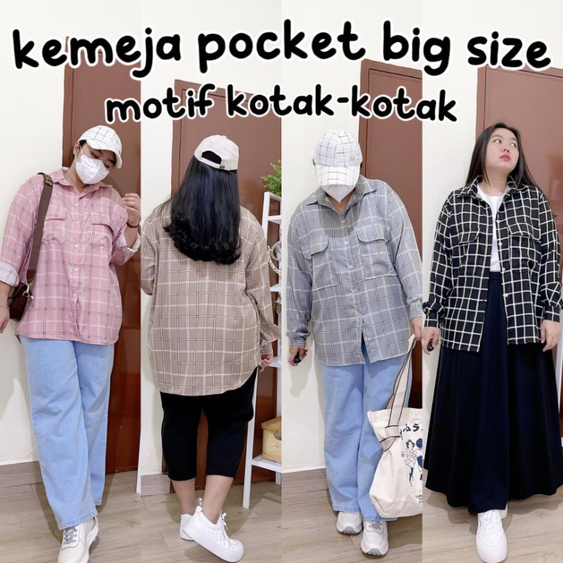 KEMEJA POCKET MOTIF KOTAK-KOTAK BIG SIZE OVERSIZE JUMBO LD 130CM KOREAN STYLE MURAH