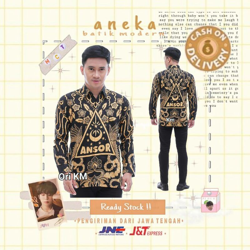 KEMEJA BATIK PRIA ANSOR LENGAN PANJANG WARNA HITAM GOLD EMAS ORANGE M L XL KONDANGAN KERJA KANTOR
